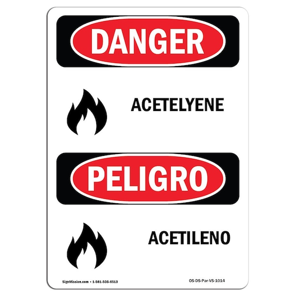 Safety Sign, OSHA Danger, 5" Height, Acetylene, Bilingual Spanish, 10PK